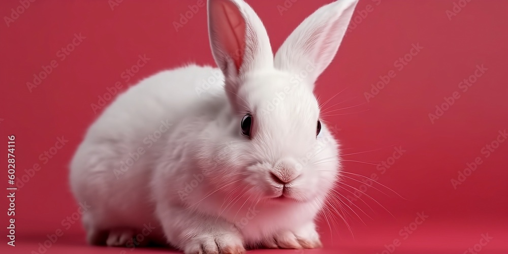 Obraz premium White rabbit on a pink background. Generative AI.