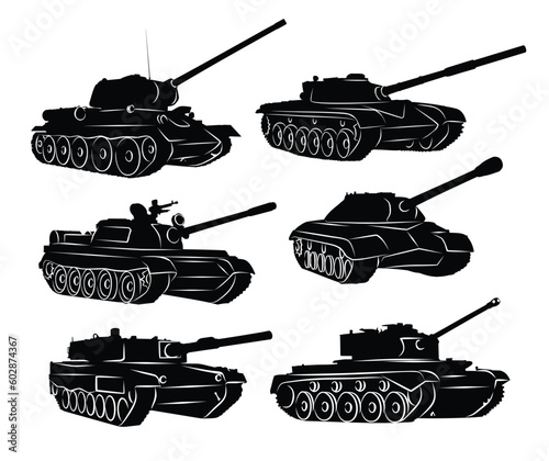 The set of silhouettes military tanks.