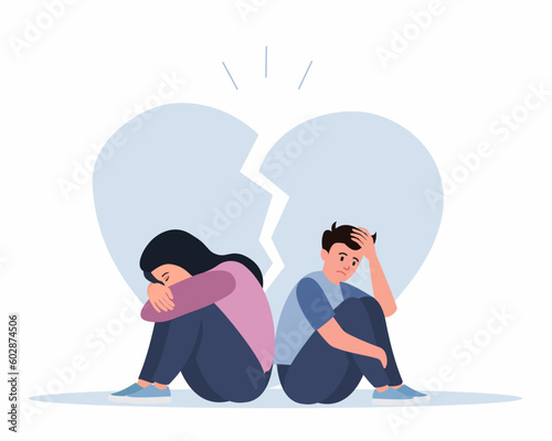 Sad man and woman with broken heart pieces Conflicts between husband-and-wife concept of Breakup relationship.