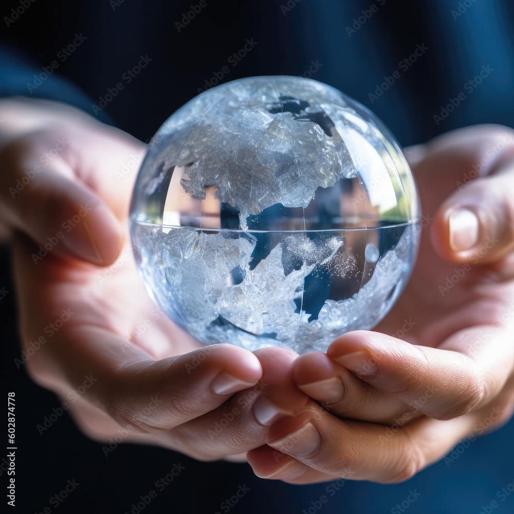 Business man holding glass ball in his hand symbol for global business,Concept for environment and conservation and save clean planet, Ecology,Copy space,AI generated.