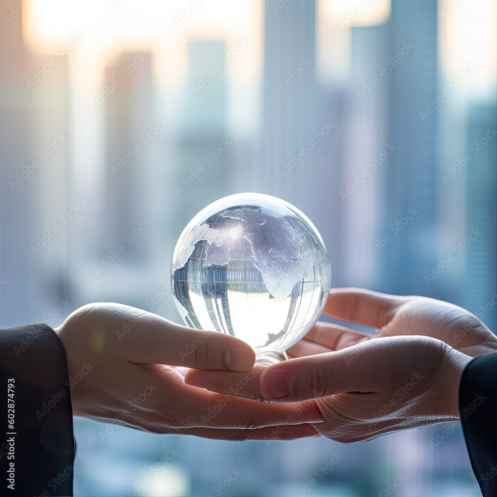 Business man holding glass ball in his hand symbol for global business,Concept for environment and conservation and save clean planet, Ecology,Copy space,AI generated. Business man holding glass ball in his hand symbol for global business,Concept for environment and conservation and save clean planet, Ecology,Copy space,AI generated.