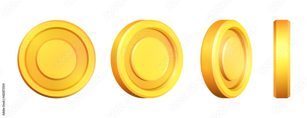 Universal gold coin to denote cash and finance, banking and business. Vector illustration of a set of 3D coins, not tied to any one currency, template for money and wealth