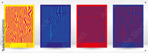 Geometrical Poster Design with Optical Illusion Effect.  Modern Psychedelic Cover Page Collection. Colourful Wave Lines Background. Fluid Stripes Art. Swiss Design. Vector Illustration for Brochure.