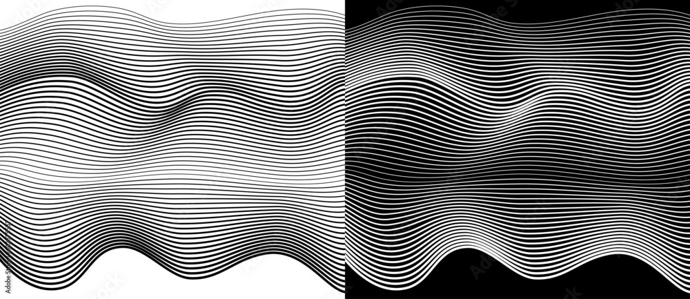 Abstract art geometric background with waving lines. Optical illusion with waves and transition. Black shape on a white background and the same white shape on the black side.