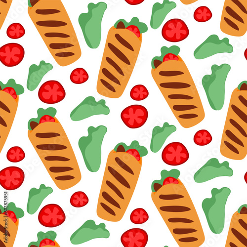Pattern with shawarma in the Flat style. A simple illustration of kebab, shawarma, pita bread with meat and herbs. Seamless shawarma pattern, kebab hand-drawn in vector. Printing on textiles and paper