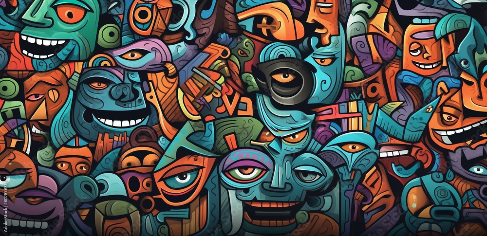 colorful graffiti pattern banner background, with funny group monsters, generative ai illustration