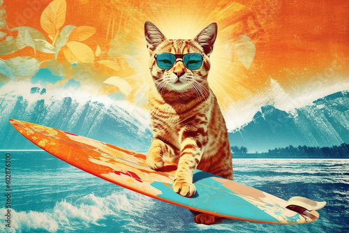 funny cat, king of surf, pop style surreal collage, generative ai illustration