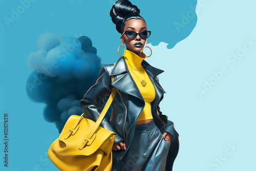 fashion black model with a stylish yellow  and white dress and a handbag, sky clouds  background, generative ai illustration portrait