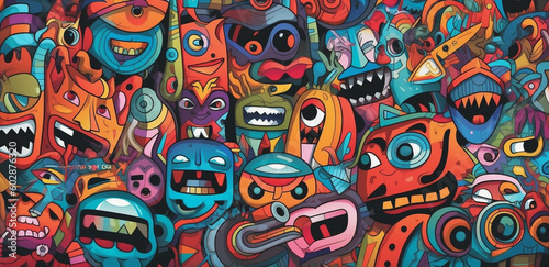 colorful graffiti pattern banner background  with funny group monsters  generative ai illustration