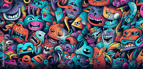 colorful graffiti pattern banner background  with funny group monsters  generative ai illustration