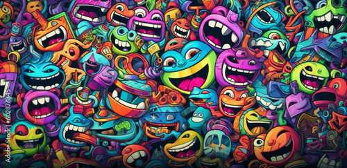 colorful graffiti pattern banner background  with funny group monsters  generative ai illustration