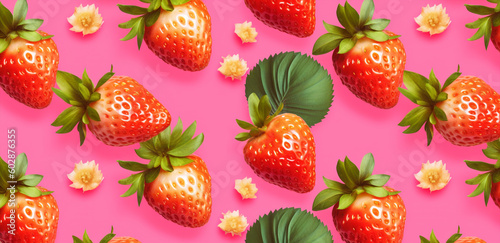 strawberries pattern on bright pink background, generative ai illustration