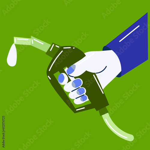 A modern illustration of the theme of refueling a car at a service station. The refueling gun is in the hands of the master. A gas station icon or logo. Cartoon service logo in a flat style. Transport photo