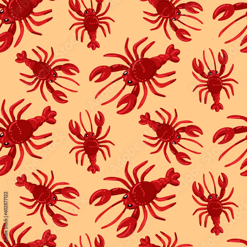 Pattern of red sea crayfish colorful seamless pattern with sharp claws and tentacles on a beige background. Living in an underwater world among crustaceans and rocks Vector bright cartoon illustration