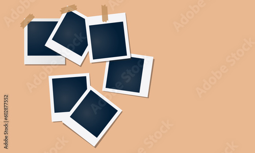 Realistic modern polaroid photo frames pasted on colored transparent tape. Photos glued to a beige background with a shadow layout design. Vector illustration of fast shooting photos