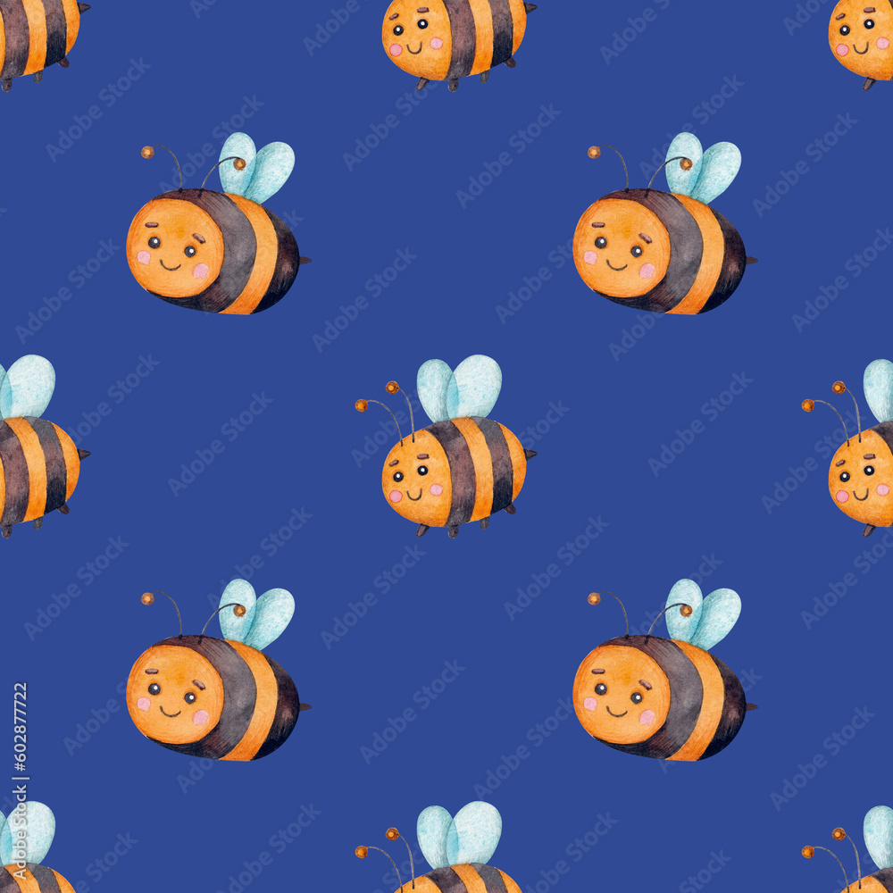 Seamless pattern with bees on a blue background. Watercolor illustration. Insects. Print on fabric and paper. Cartoon. Wallpaper. Nature. Natural. Art. Design. Handmade work.