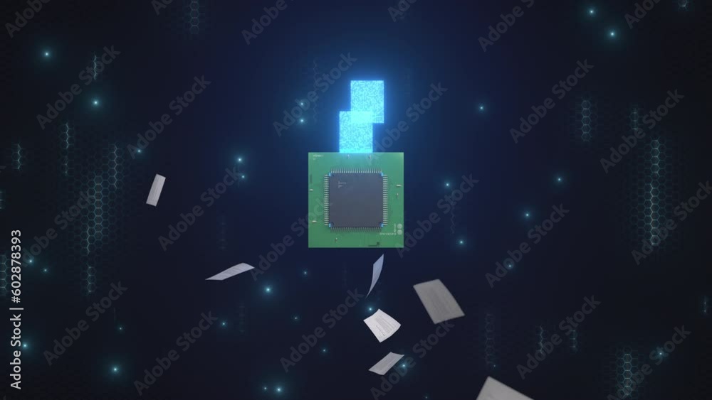 Experience the digital revolution as paper files seamlessly transform into digital data within a captivating 3D animation. The power of digitalization or digital transformation in action.