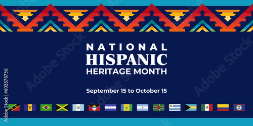 Hispanic heritage month. Vector web banner, poster, card for social media, networks. Greeting with national Hispanic heritage month text, ornament on blue background with red, yellow color.