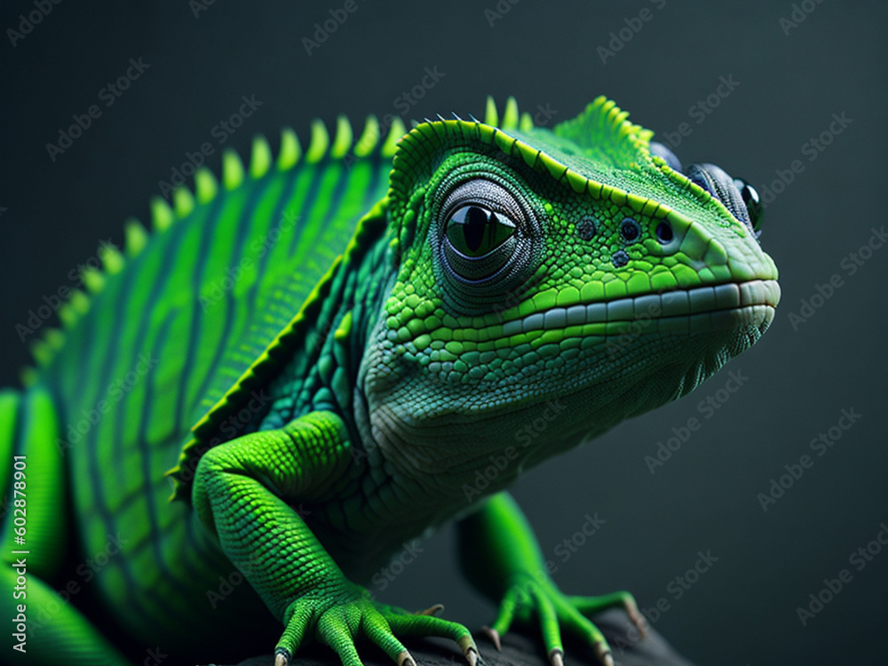Green chameleon on a dark background. Close-up. AI generated. Green chameleon on a dark background. Close-up. AI generated.
