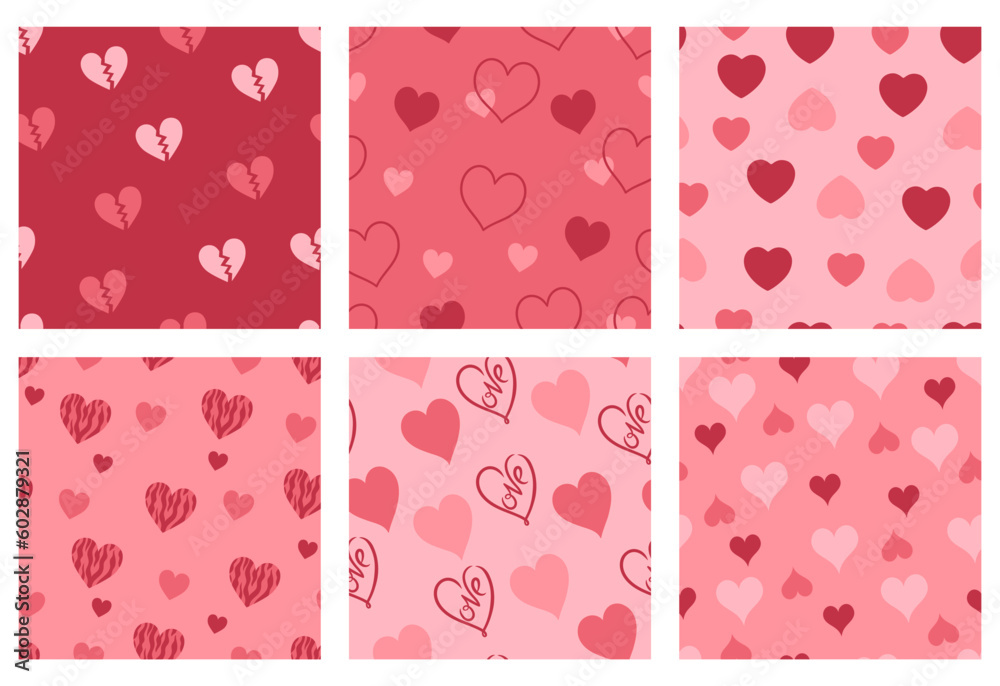 Set of cute seamless heart patterns in pink colors. Vector graphics.