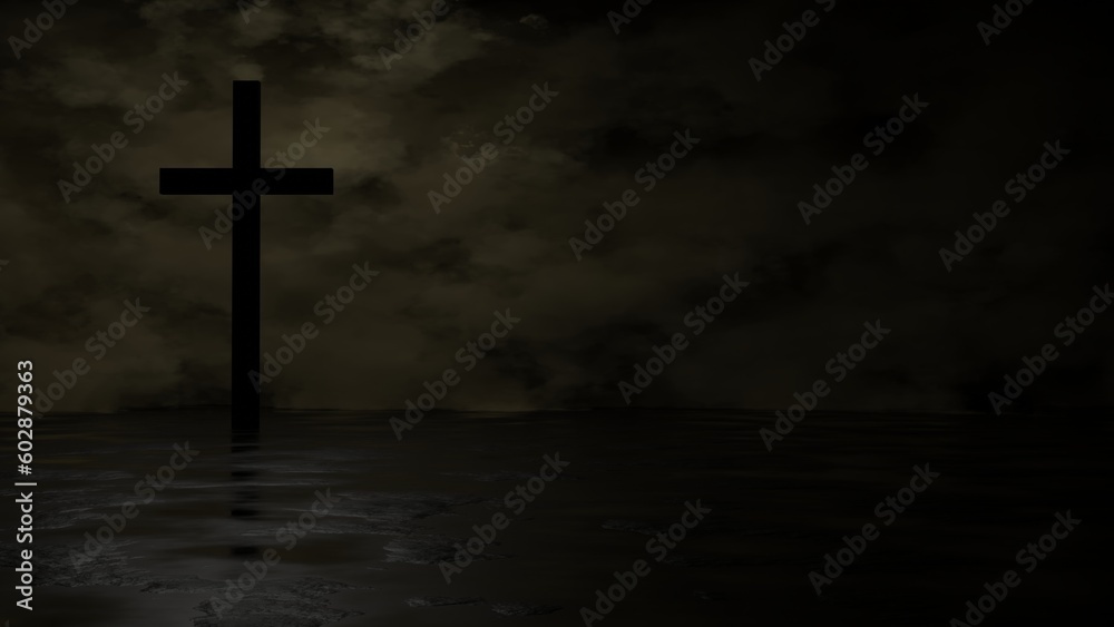 Christian cross in the dark background with clouds
