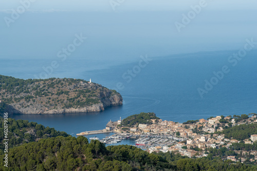 The town of sóller with port on a sunny day Sóller, Spain, 2022-10-29