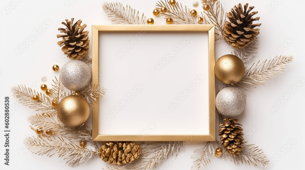 Fototapeta premium Christmas composition. Photo frame, golden decorations, fir tree branches on white background. Christmas, winter, new year concept. Flat lay, top view, copy space