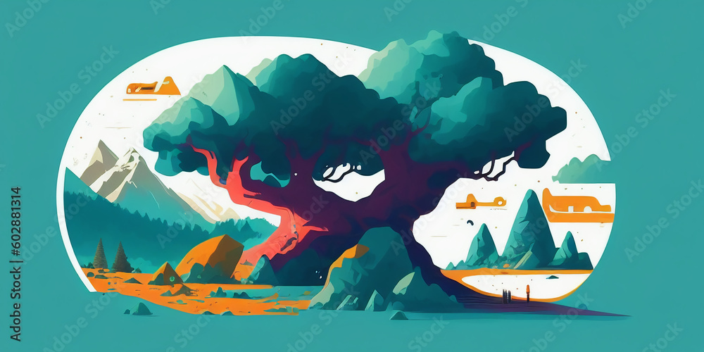 landscape with mountains and illustration