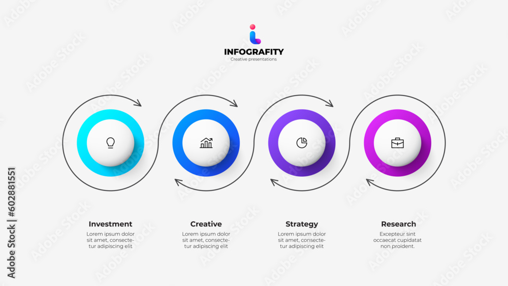 Four circles arranged in a row with thin line arrows. Infographic design template with 4 steps