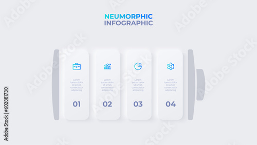 Vector battery element for infographic. Neumorphic template with 5 options workflow progress