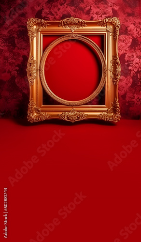 Banner, golden vintage frame on red velvet background. copy paste space.