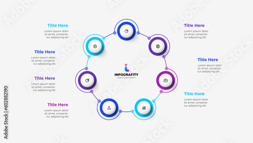 Diagram with seven circles connected by thin lines. Template for cycle business presentation. Vector infographic design illustration with 7 options