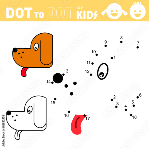 Dot to dot games for kids. Dog. Connect the numbers and drawing a puppy. Coloring. Book. Puzzle activity worksheet. Sketch vector illustration