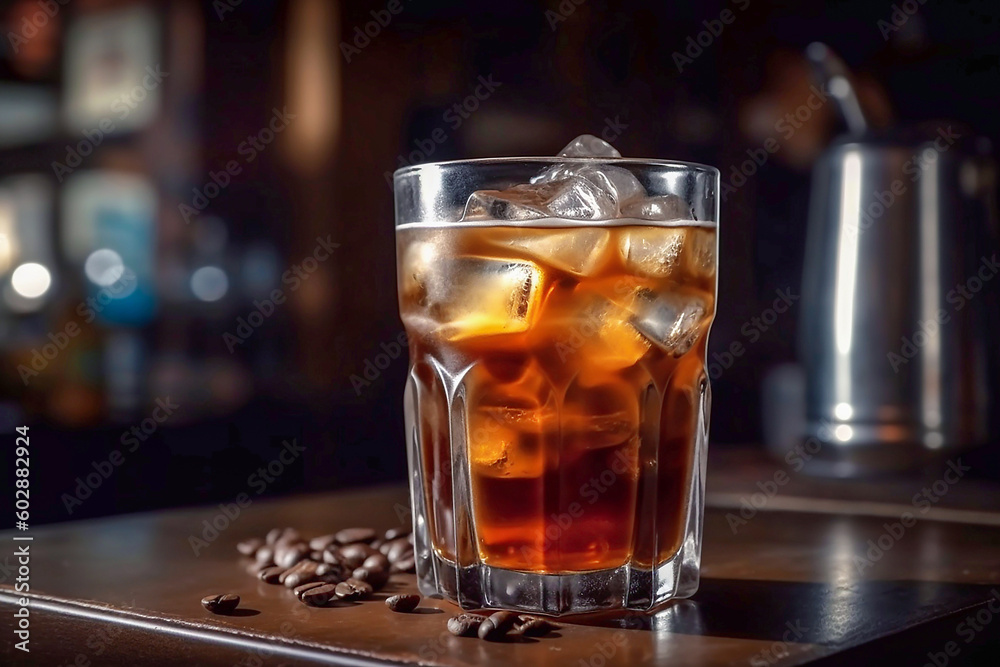 Glass of iced coffee on cafe background, created with Generative AI technology. Glass of iced coffee on cafe background, created with Generative AI technology.