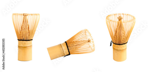 Green tea maker tool on white background. Bamboo tea whisk for matcha.