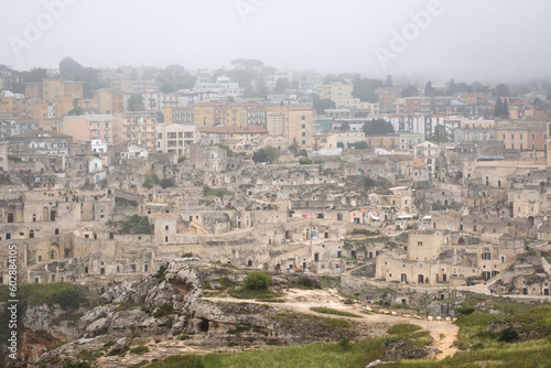 Panoramic cityscape of Matera Italy jewel of Basilicata - cave dwelling Sassi di Matera from viewpoint Belvedere of Murgia Timone