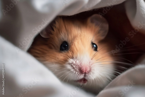 Fluffy hamster peeking out from under the blanket close-up front view,, created with Generative AI technology.