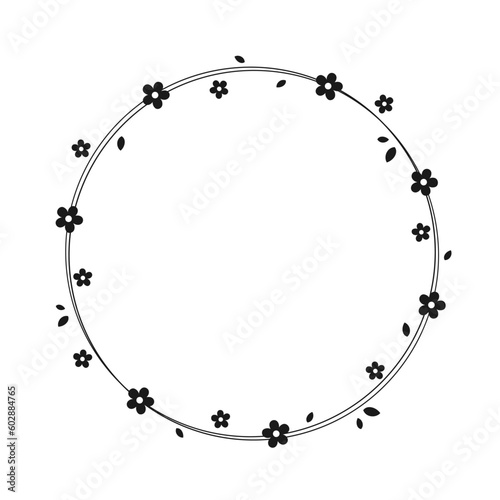 Round Floral Frame Silhouette. Botanical circle border template, simple minimal design element.