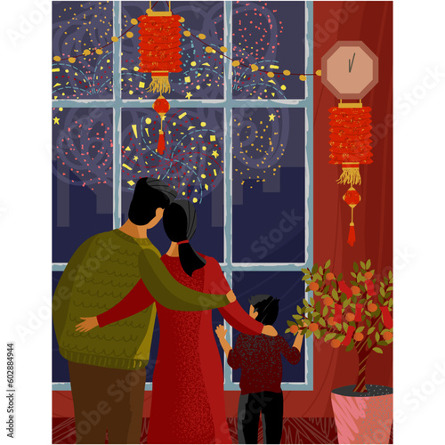 Chinese family at home celebrate new year vector