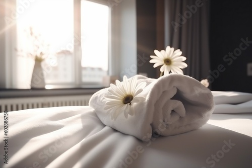 modern window comfortable welcome bath spa bed towel flower bedchamber. Generative AI.