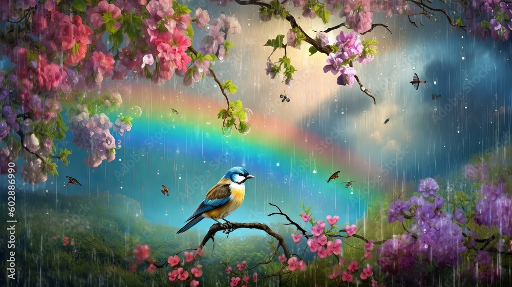 A spring rain scene, raindrops falling on the blooming flowers, a rainbow appearing in the sky, a small bird perched on a branch, capturing the freshness and renewal of the season, Generative AI A spring rain scene, raindrops falling on the blooming flowers, a rainbow appearing in the sky, a small bird perched on a branch, capturing the freshness and renewal of the season, Generative AI