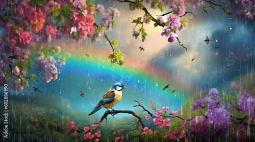 A spring rain scene, raindrops falling on the blooming flowers, a rainbow appearing in the sky, a small bird perched on a branch, capturing the freshness and renewal of the season, Generative AI