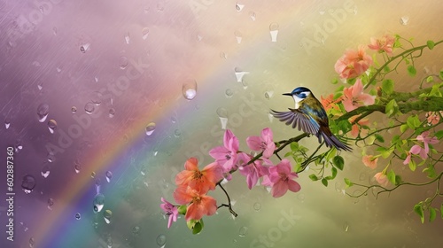 A spring rain scene, raindrops falling on the blooming flowers, a rainbow appearing in the sky, a small bird perched on a branch, capturing the freshness and renewal of the season, Generative AI