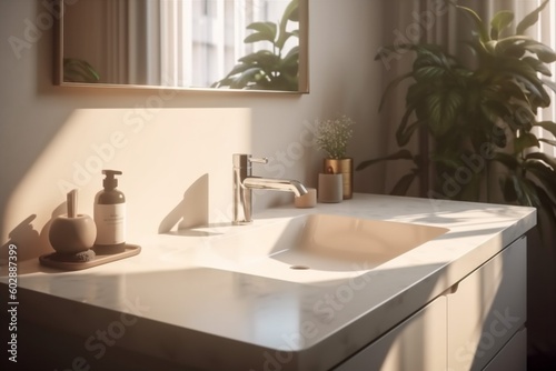 interior sunlight bathroom house counter faucet sink luxury bright modern design. Generative AI.