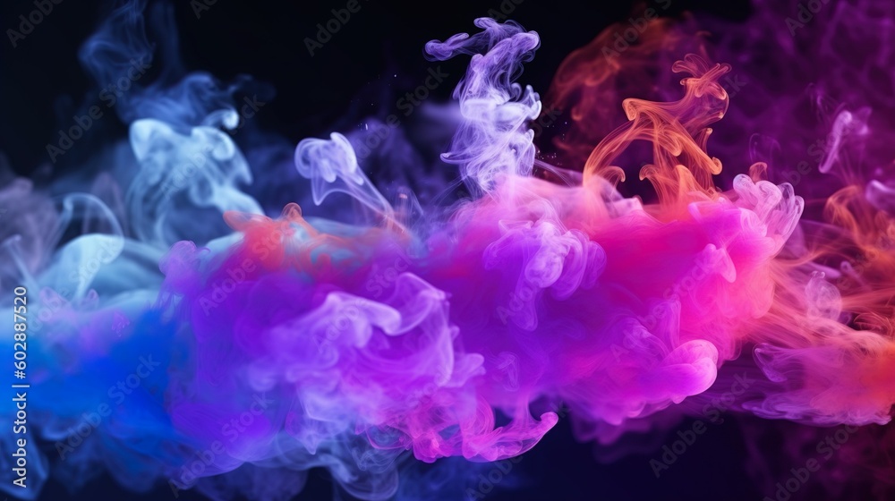 Color mist. Glitter smoke. Paint water splash. Magic potion. Purple pink glowing sparkling particles fog floating on dark black abstract art background with free space Color mist. Glitter smoke. Paint water splash. Magic potion. Purple pink glowing sparkling particles fog floating on dark black abstract art background with free space