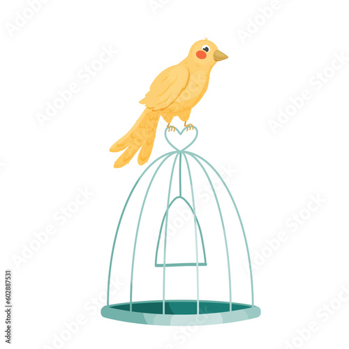 Little yellow bird sitting on the cage. Vector illustration. 