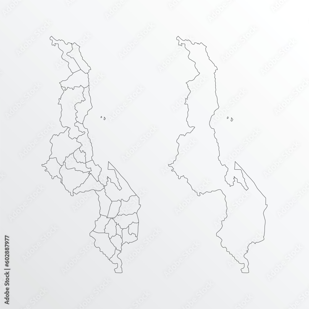 Black Outline vector Map of Malawi with regions on white background