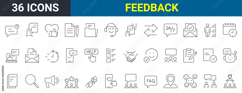 Feedback set of 36 Outline Icon. Thin Line Set contains such Icons as Rating, Testimonials, Quick Response, Satisfaction and more. Simple web icons set.