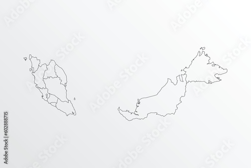 Black Outline vector Map of Malaysia with regions on white background