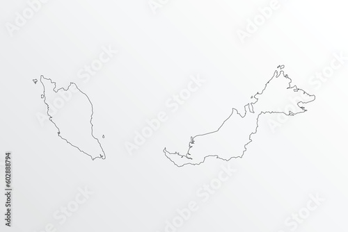 Black Outline vector Map of Malaysia with regions on white background